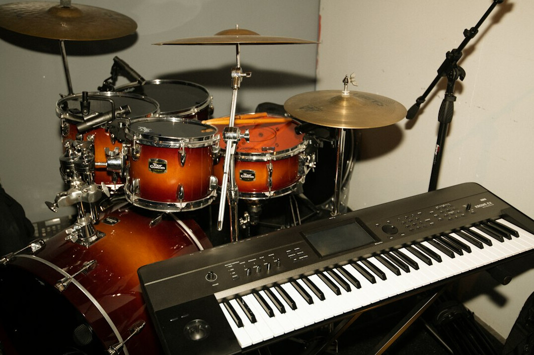 Audio and lighting equipment set up in a studio