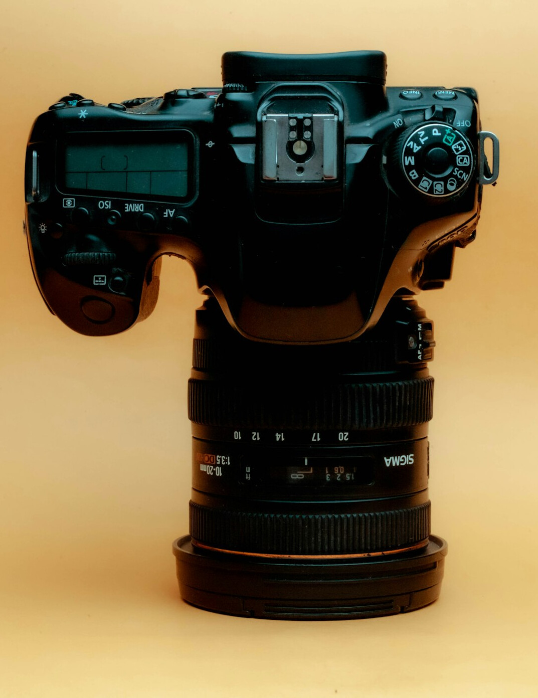Professional camera with lens close up